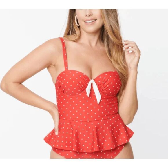 UNIQUE VINTAGE TANKINI TOP SWIMWEAR RED POLKA DOTS SMALL - Picture 1 of 6